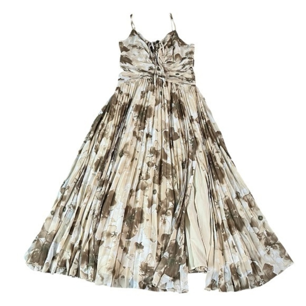 Elegant Formal Floral Brown & Cream Pleated Skirt Dress Sz 6